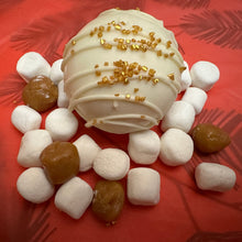 Load image into Gallery viewer, Ralph's Chocolate Delights Gourmet on Red Background Large Hot Chocolate Bombs Size (Approx.): Large 3" x 3" x 3" One Large Hot Chocolate Bombs makes approximately one large cup of hot cocoa A delicious dessert, and addition to dinner parties, Christmas, Holidays, Birthdays, Gifts Ingredients Premium Ghirardelli ChocolateMarshmallowsSalted Caramel Hot Chocolate Mix Caramel Sauce Dulce De Leche