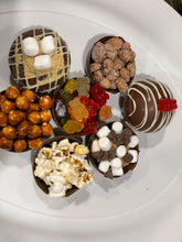 Load image into Gallery viewer, Ralph's Chocolate Delights * RCD Snack Bomb Gourmet Large Snack Bomb Size (Approx.): Large 3" x 3" x 3" A delicious dessert, and addition to dinner parties, Christmas, Holidays, Birthdays, Gifts, and weddings Ingredients Premium Ghirardelli Chocolate Snack Types Pretzels Gummy Bears Skittles Almonds Cashews