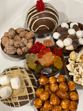 Load image into Gallery viewer, Ralph's Chocolate Delights * RCD Snack Bomb Gourmet Large Snack Bomb Size (Approx.): Large 3" x 3" x 3" A delicious dessert, and addition to dinner parties, Christmas, Holidays, Birthdays, Gifts, and weddings Ingredients Premium Ghirardelli Chocolate Snack Types Pretzels Gummy Bears Skittles Almonds Cashews