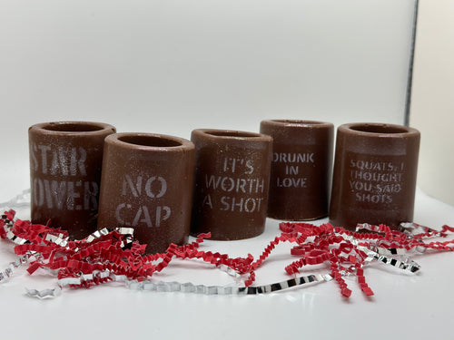 Delicious all Chocolate Shot Glasses! You can order Personalized shot glasses for any event such as Weddings, Anniversaries, Valentine's Day, Birthdays, Bar mitzvas and others. Great as parting gifts everyone will love! Personalized, Custom