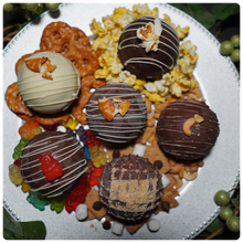 Load image into Gallery viewer, Ralph's Chocolate Delights * RCD Snack Bomb Gourmet Large Snack Bomb Size (Approx.): Large 3" x 3" x 3" A delicious dessert, and addition to dinner parties, Christmas, Holidays, Birthdays, Gifts, and weddings Ingredients Premium Ghirardelli Chocolate Snack Types Pretzels Gummy Bears Skittles Almonds Cashews