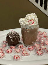 Load image into Gallery viewer, Ralph's Chocolate Delights Peppermint Hot Chocolate Bomb White, Milk or Dark Chocolate Hot Chocolate Bomb *Gourmet Large Hot Chocolate Bombs Ingredients Premium Real Ghirardelli Chocolate, Peppermint Candy Crumble, Marshmallows, White, Milk or Dark Chocolate Hot Chocolate Mix, hot cocoa bombs for Halloween, Thanksgiving, Christmas, Holidays, Dessert, parties, Weddings, events and Winter drink or beverage