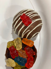Load image into Gallery viewer, Ralph's Chocolate Delights * RCD Snack Bomb Gourmet Large Snack Bomb Size (Approx.): Large 3" x 3" x 3" A delicious dessert, and addition to dinner parties, Christmas, Holidays, Birthdays, Gifts, and weddings Ingredients Premium Ghirardelli Chocolate Snack Types Pretzels Gummy Bears Skittles Almonds Cashews