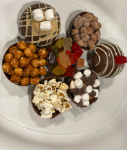 Load image into Gallery viewer, Ralph's Chocolate Delights * RCD Snack Bomb Gourmet Large Snack Bomb Size (Approx.): Large 3" x 3" x 3" A delicious dessert, and addition to dinner parties, Christmas, Holidays, Birthdays, Gifts, and weddings Ingredients Premium Ghirardelli Chocolate Snack Types Pretzels Gummy Bears Skittles Almonds Cashews